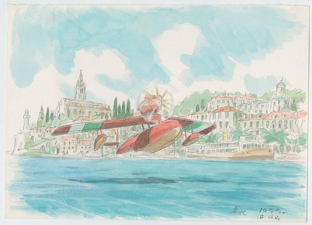 海原を滑走するポルコ・ロッソの飛行機が描かれる、『紅の豚』(92)のイメージボード
