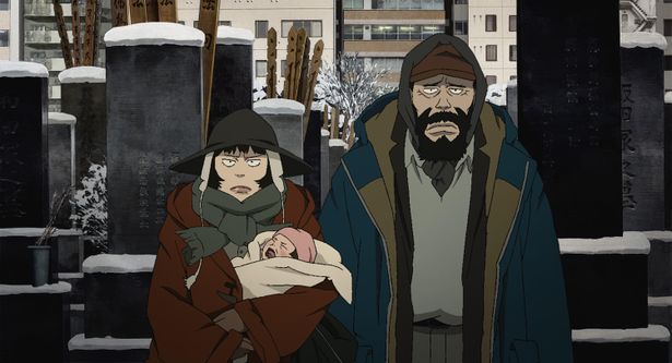 3人は、赤ちゃんの親を捜して街をさまよい歩く(『東京ゴッドファーザーズ』)