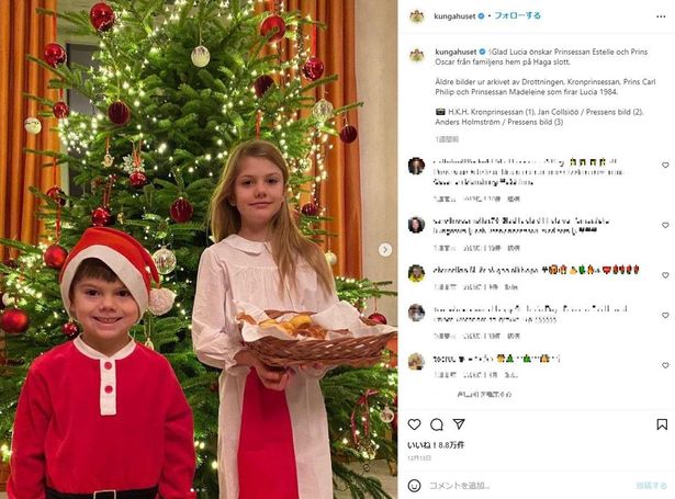 【写真を見る】スウェーデンのエステル王女とオスカル王子がクリスマスの装いを披露！サンタ帽姿にほのぼの