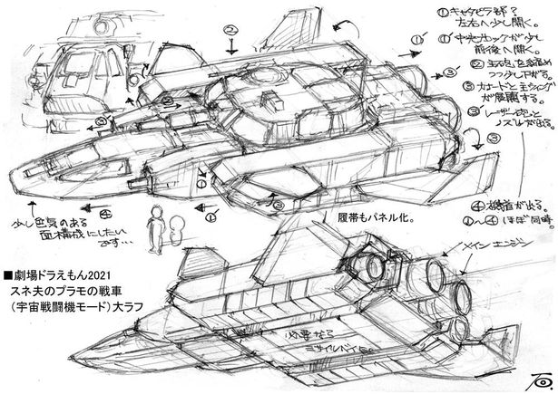 戦闘機モードのアストロ・タンクのラフ。機能について詳細なメモも記されている