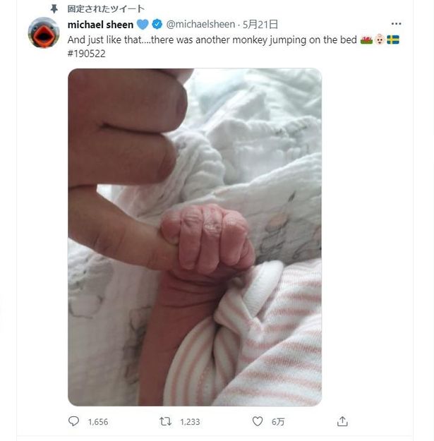 【写真を見る】マイケル・シーンの大きな指を握る、赤ちゃんの小さな手、幸せあふれる第3子誕生の報告！