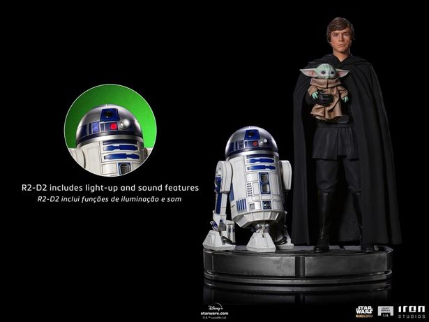 R2-D2は発光ギミックを搭載している(「『マンダロリアン』【アイアン・スタジオ スタチュー】『レガシーレプリカ・シリーズ』1/4スケール ルーク・スカイウォーカー(グローグー付き)&R2-D2」)