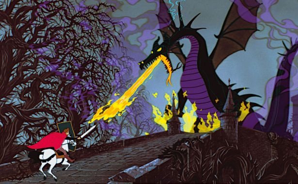 アニメ『眠れる森の美女』ではマレフィセントが王子の前に立ちはだかる巨大なドラゴンに変身