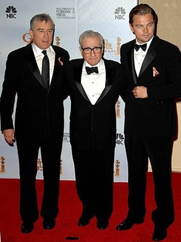 セシル・B・デミル賞のマーティン・スコセッシ(中央)。ロバート・デ・ニーロ(左)とレオナルド・ディカプリオはプレゼンターとして参加