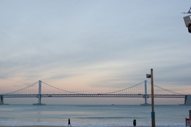 広安里ビーチから望む広安大橋。夜にはライトアップされ、美しい夜景が堪能できる