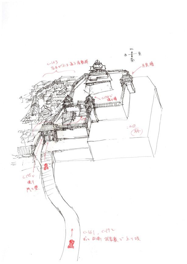 城まわりの設定図。バットモービルの速さと城下町の道の距離の辻褄をあわせて長尺のワンカットにおさめる作業が行われた