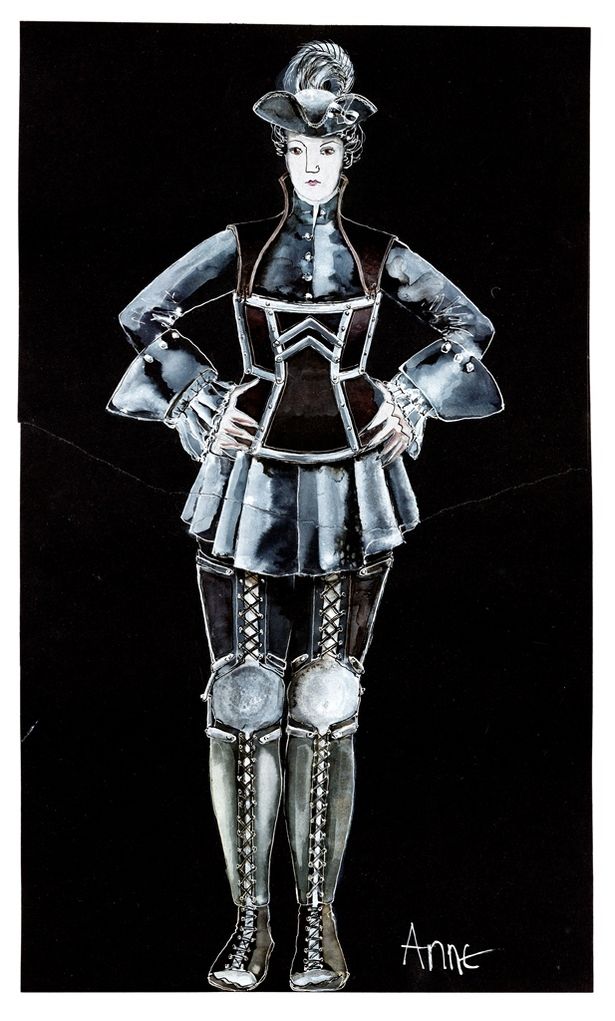 アン女王が狩りに出るスタイルのデザイン画。首周りのボタンやボリューミィな袖がおしゃれ