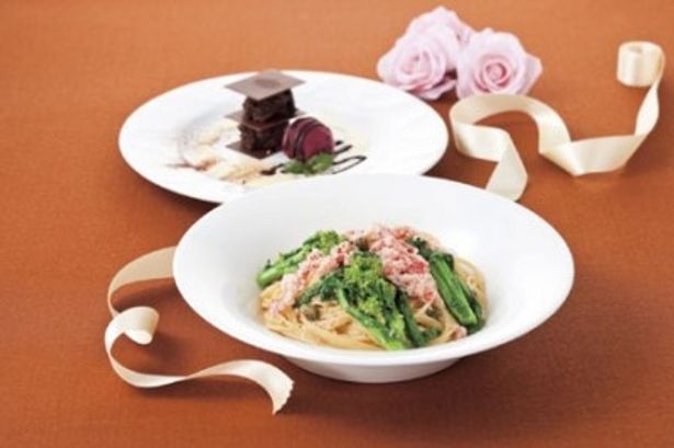 旬の菜の花とかにのスパゲティ＆ミルフィーユ・オ・ショコラのバレンタイン特別セット