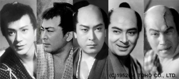 【写真】イラストと合わせてチェック！ こちらはモデルの役者陣。左から、小泉博、水島道太郎、小堀明男、河津清三郎、森繁久彌