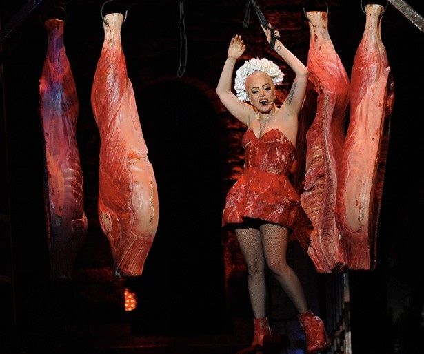 ドレスはアートとして高く評価され、動物愛護団体からは非難された。こちらは本物の肉を使用していないレプリカバージョン