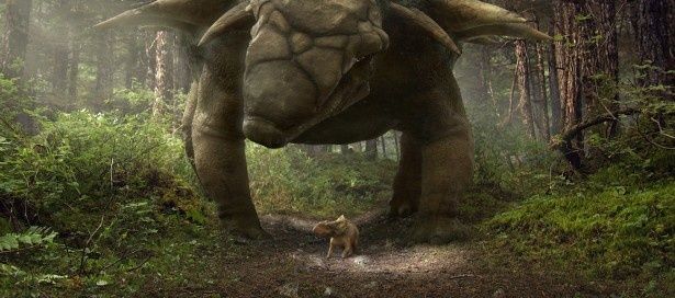 アンキロサウルスと幼少期の主人公パッチ(パキリノサウルス)。アンキロサウルスは史上最大のよろい竜で、身体を覆うよろい状の装甲、こん棒のような尾がある