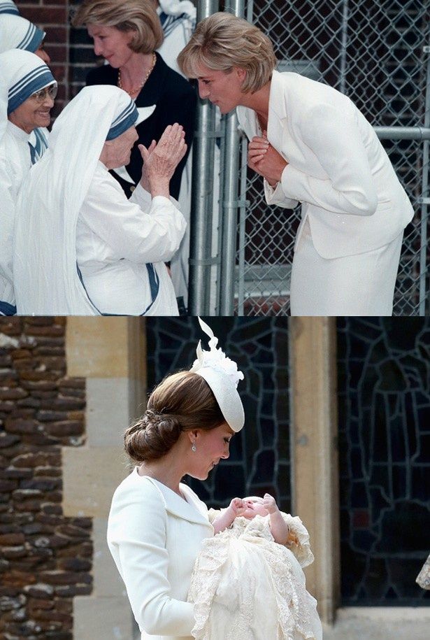 マザー・テレサの話を聞くダイアナ妃(写真上)とシャーロット王女を抱いたキャサリン妃(写真下)の写真が合成され、出回っている