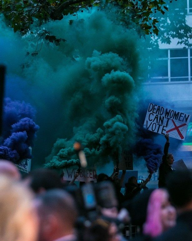 【写真を見る】プラカードを掲げ発煙筒を焚く活動家たち。イベントは一時中断された